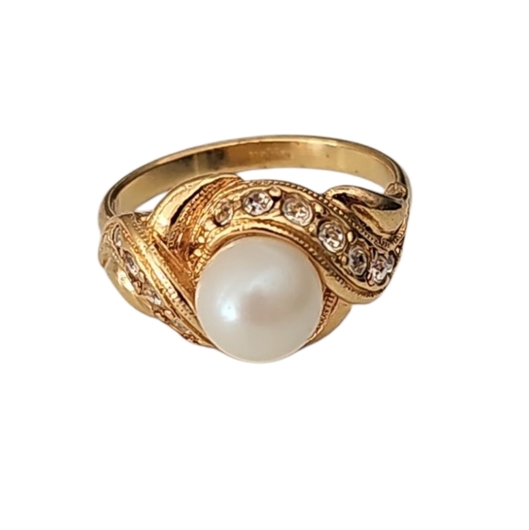 Avon Pearly Contemporary Ring Gold Tone Pearl Rhinestones - Picture 1 of 10